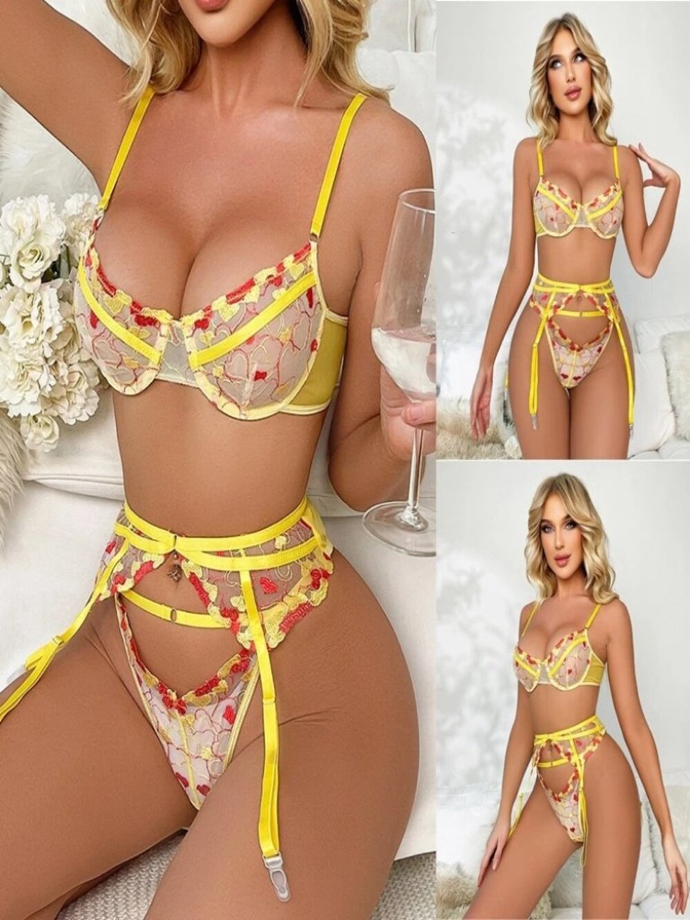 Slutty Lingerie Women's 3 Piece Embroidered Bra Panty Set Underwear with Garter